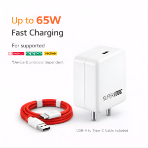 Novobit 65W SuperVOOC Fast Charger with Type-C Cable Ultra-Fast Charging for OnePlus, Realme & OPPO | Supports Warp, Dart, Dash & SuperDart | 65W Charger + Red Type-C Cable - Image 2